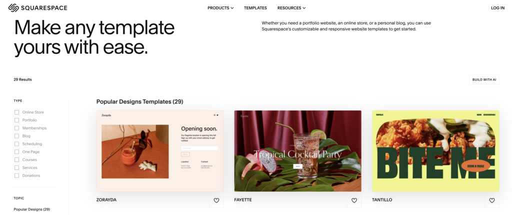 Squarespace template gallery showcasing customizable and responsive designs for various website types, including blogs, portfolios, and stores.